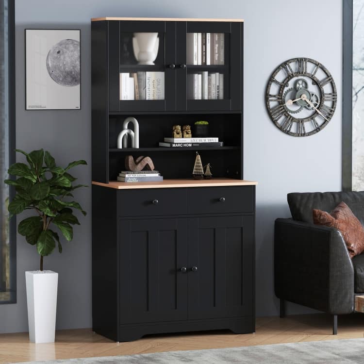 Pantry Cabinet with Glass Doors Adjustable Shelves and 2 Drawers for Kitchen Storage - 31.5" x 16.5" x 67"