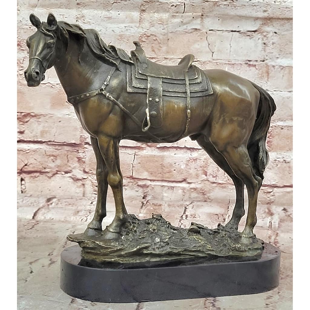 Large Original Loving Horse With His Saddle Western Art Cowboy Bronze Sculpture