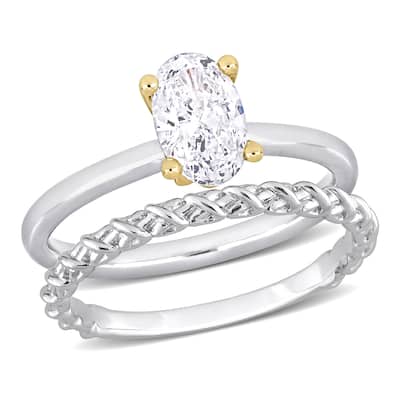 Miadora 1ct TDW Oval Diamond Solitaire Bridal Ring Set with Textured Wedding Band 14k Two-Tone Gold