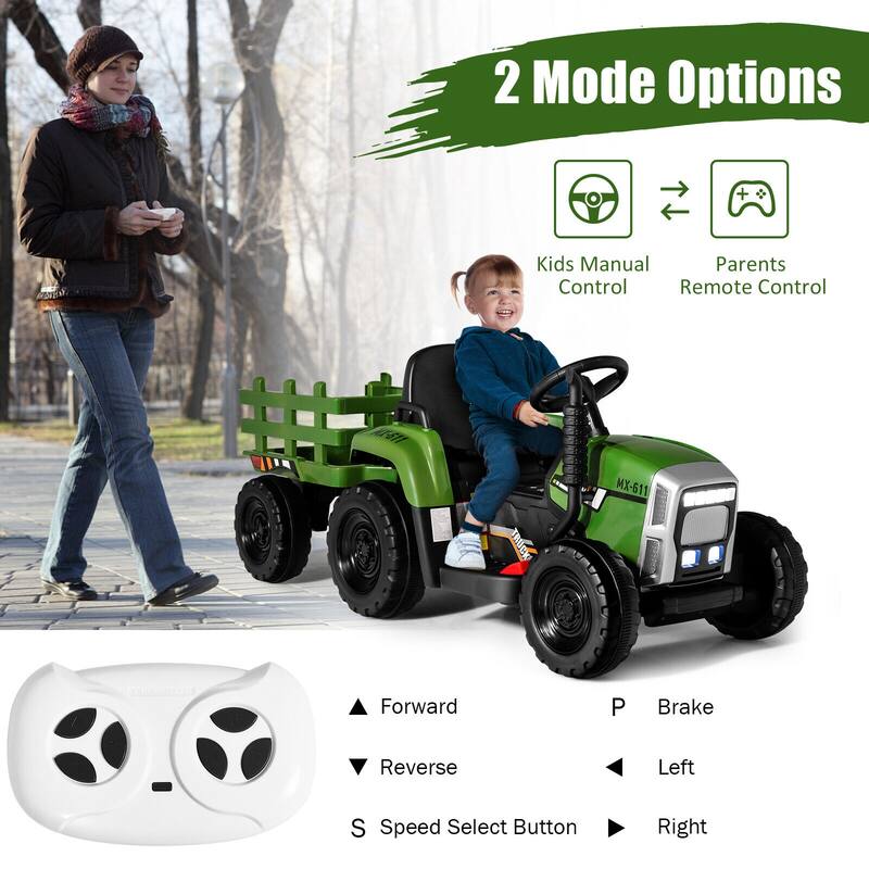 12V Rechargeable Battery Kids Ride-On Tractor with Trailer and Parental Remote Safety Belt - 53" x 20" x 20.5"