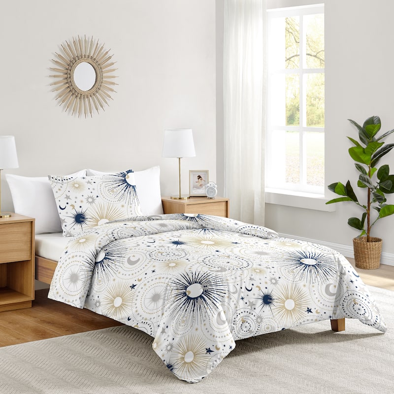 Star and Moon Collection Boy or Girl 2pc Twin Comforter Set - Navy Blue Gold and Grey Celestial Sky Stars Gender Neutral Unisex