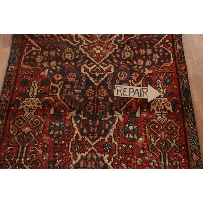 Hand Knotted Oriental 100% Wool Carpet Traditional Geometric Navy Blue & Blues Ardebil Runner Rug - 11' 2'' X 3' 1''