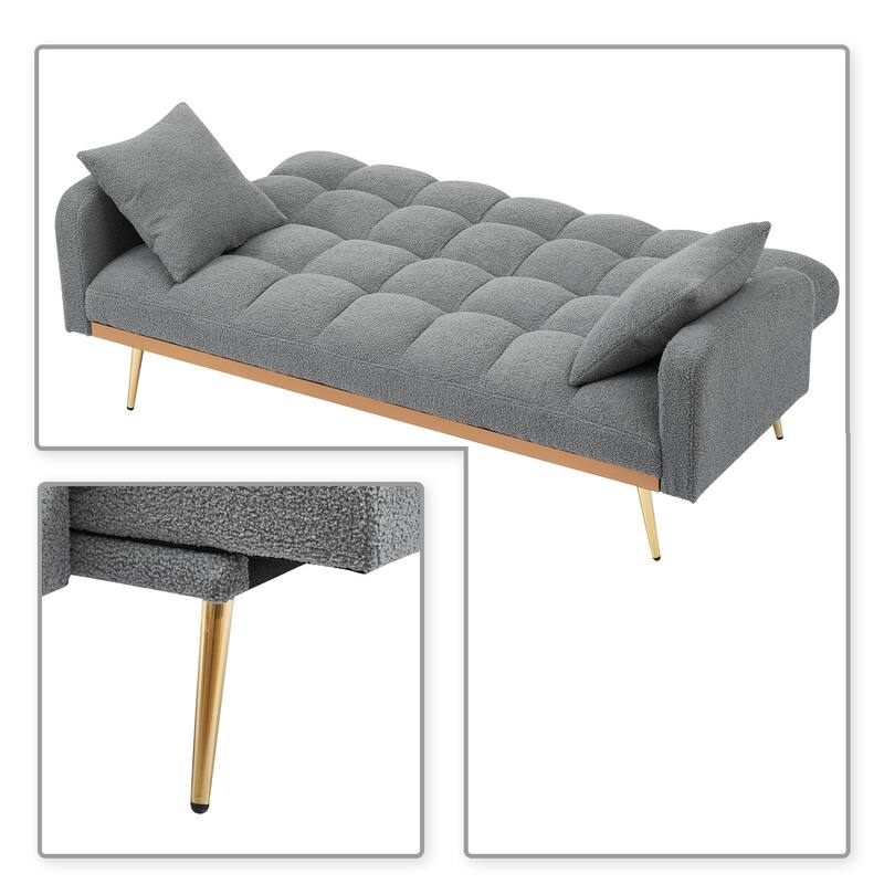 Classic Teddy Fabric Upholstered Convertible Futo Sofa Bed with 2 Throw Pillows