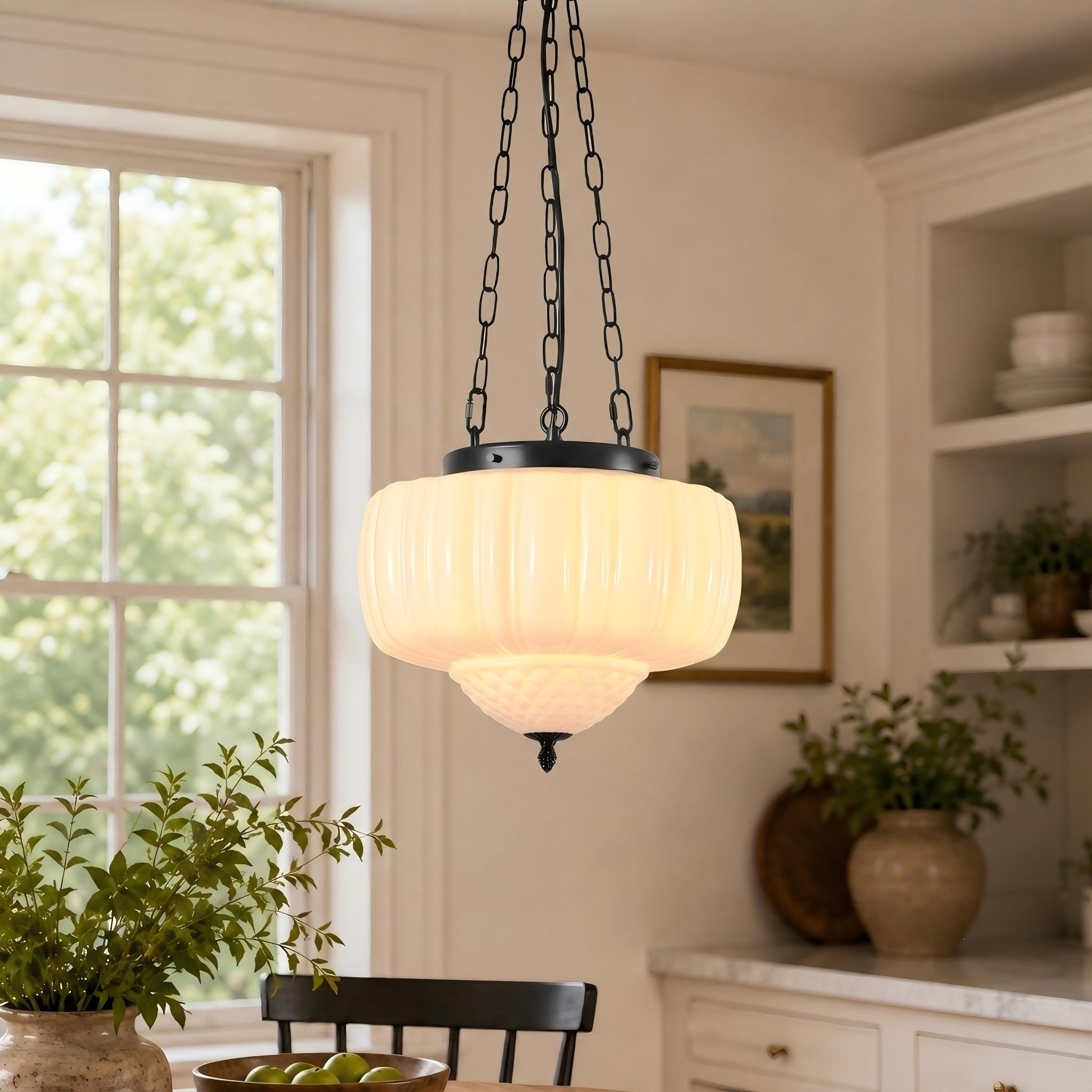 15" W Vintage Schoolhouse Black Pumpkin-Shaped Kitchen Island Pendant Light with Milky White Ribbed Glass Shade for Dining Room
