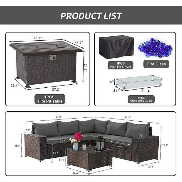 dimension image slide 0 of 7, Outdoor Patio Furniture Set, All Weather PE Wicker Sectional Conversion Sofa set with Firepit(Optional)