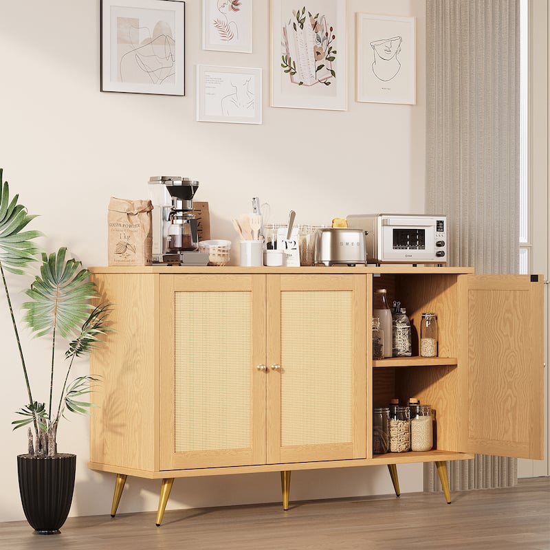 Rattan Storage Cabinet With 3 Door, Farmhouse Style Buffet Sideboard - N/A