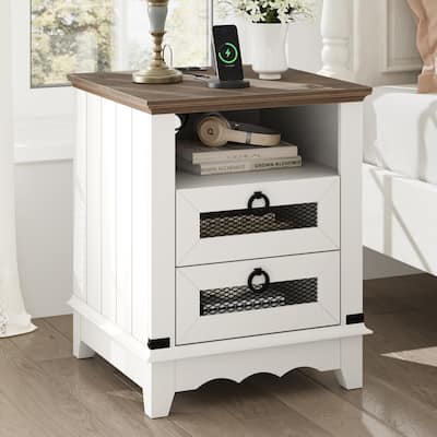 Farmhouse Nightstand 18" inch Side Table with Charging Station Bedside Table with 2 Drawers Night Stand