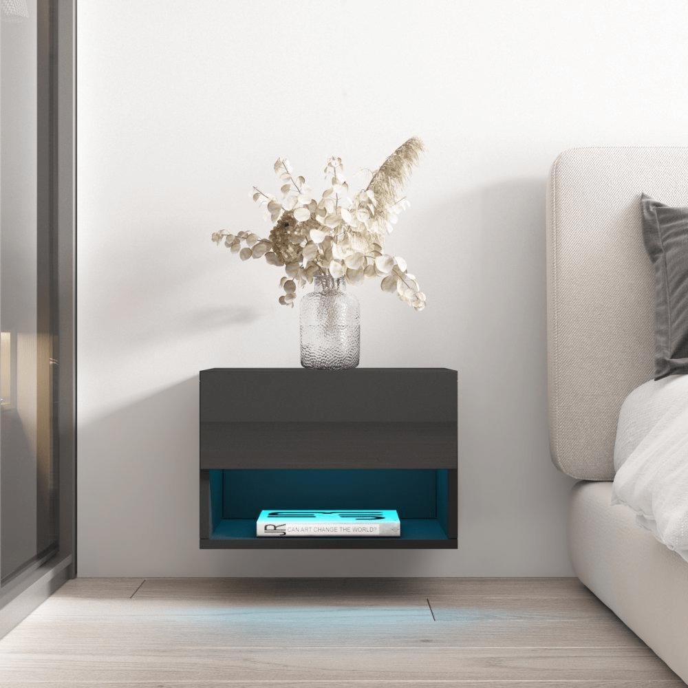 Meble Furniture Air Modern Floating Wall-Mounted Nightstand 19.7"W x 15.7"D x 13.5"H White LED Lighting European Design