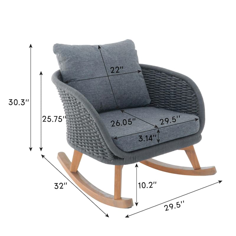 29.5" Contemporary Gray Wicker Rocking Chair Polyester Cushions Wooden Frame Indoor Outdoor