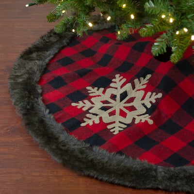 48-Inch Red and Black Christmas Tree Skirt with Burlap Snowflake - 48