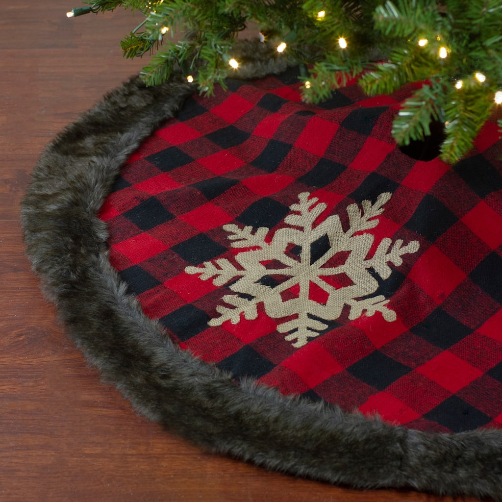 48-Inch Red and Black Christmas Tree Skirt with Burlap Snowflake - 48