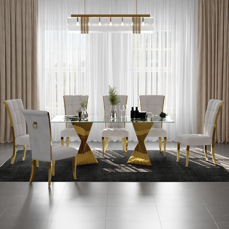 Polished Gold Dining Chairs with White Boucle Upholstery