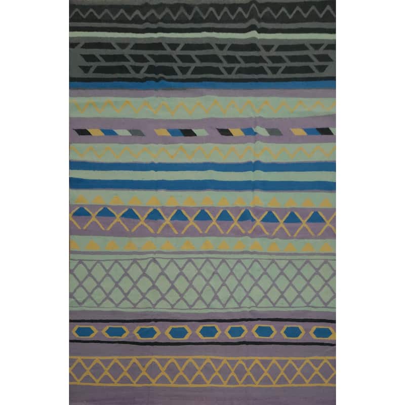 Hand Woven Oriental 100% Wool Carpet Southwestern Modern Green Kilim Area Rug - 12' 1'' X 9' 2''