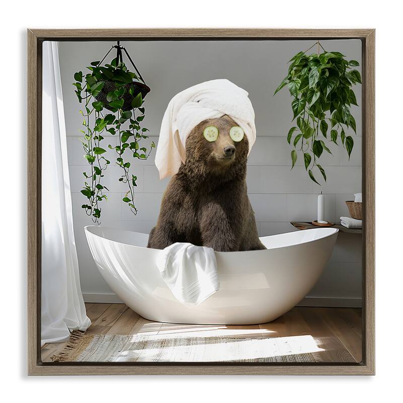 Stupell Bear in Refreshing Spa Bath Framed Floater Canvas Wall Art Design By CAD Designs - 25 x 25 - Brown