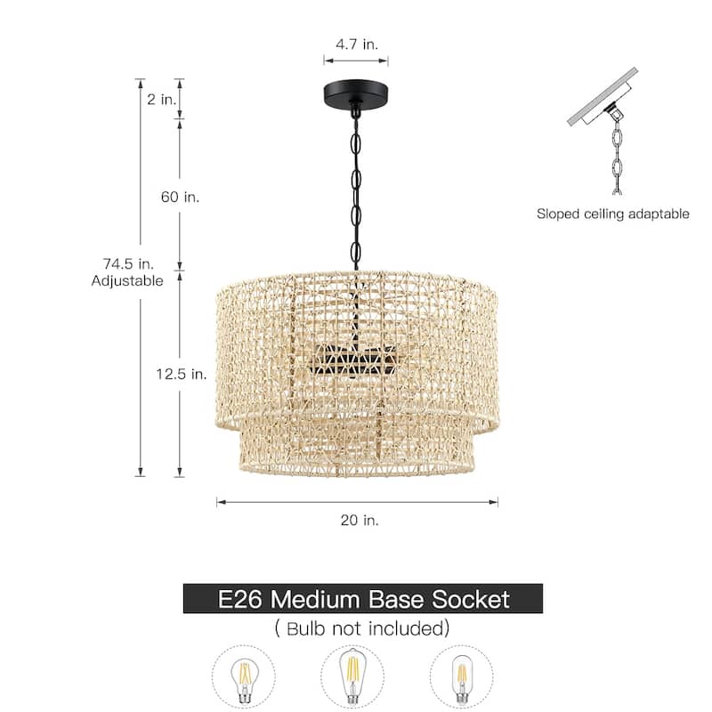 20 in. 4-Light Rattan Tiered Drum Chandelier Light with Black Canopy - 4-Light 20" W
