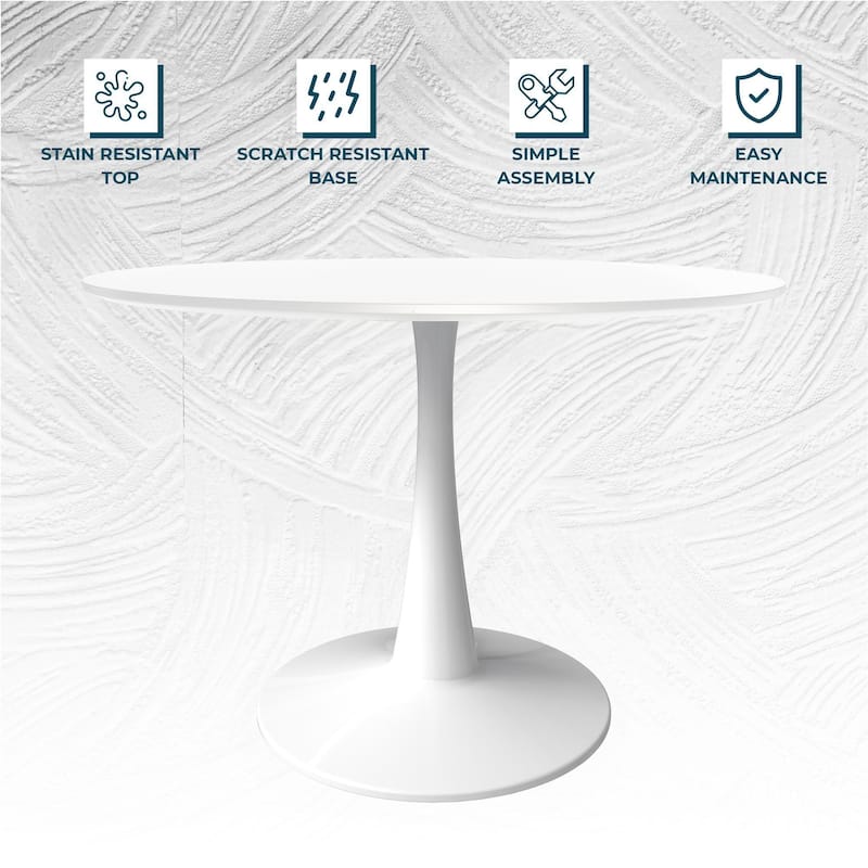 LeisureMod Bristol 40" Round Dining Table for 4 with MDF Wood Tabletop in White Steel Base for Kitchen & Dining Room