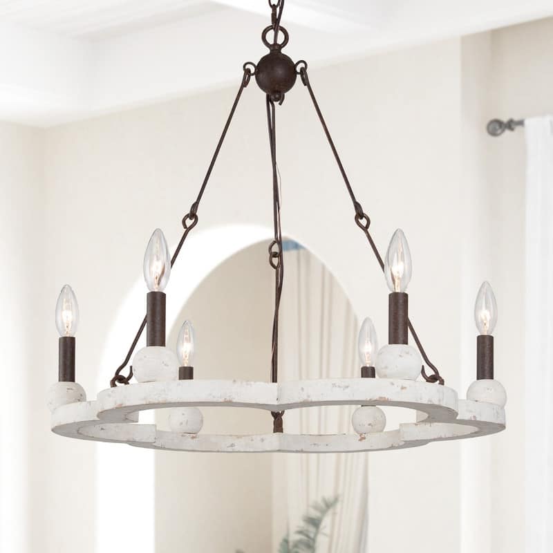 Farmhouse Wood Candle Chandelier 6-Light French Country Wagon Wheel Coastal Dining Room Pendant Light