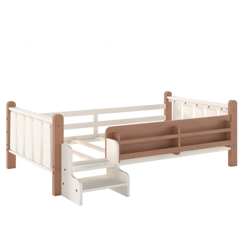 Full/Twin Floor Bed with Storage Bookcases & Cute Stairs - Solid Wood Kids Bed, No Box Spring