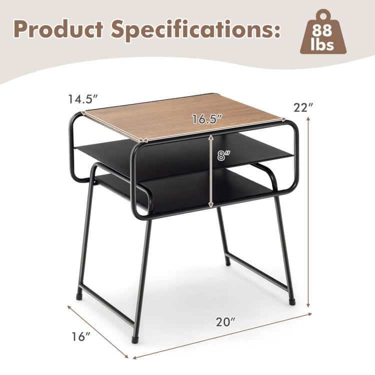 3-tier Compact Side End Table with Storage Shelf-Coffee - 20" x 16" x 22" (L x W x H)