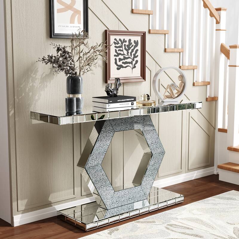 Crystal Hexagon Mirror Console Table Accent Table, Solid Wood Frame Entryway Table Foyer Table with Diamond Glass Effects - Silver