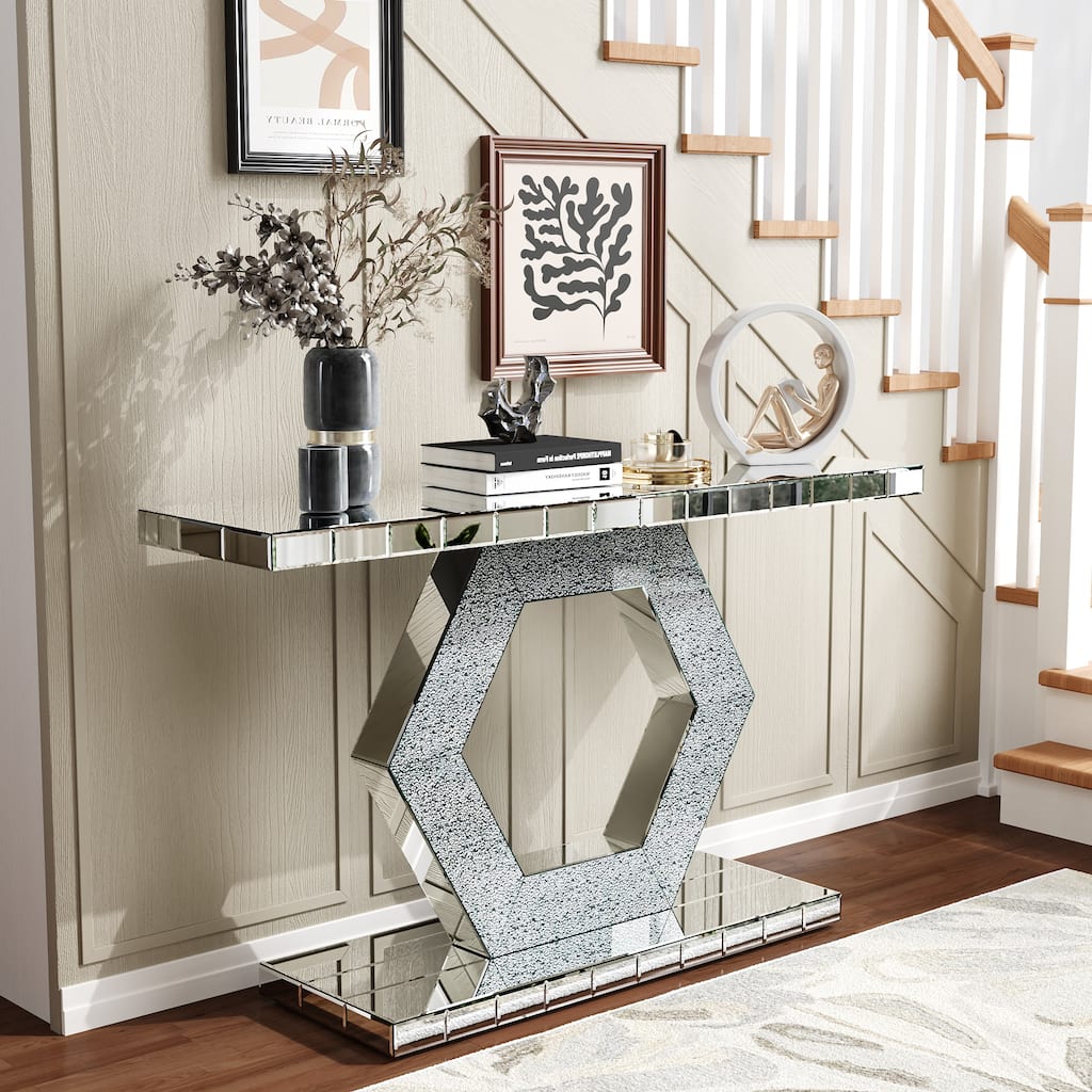 Crystal Hexagon Mirror Console Table Accent Table, Solid Wood Frame Entryway Table Foyer Table with Diamond Glass Effects