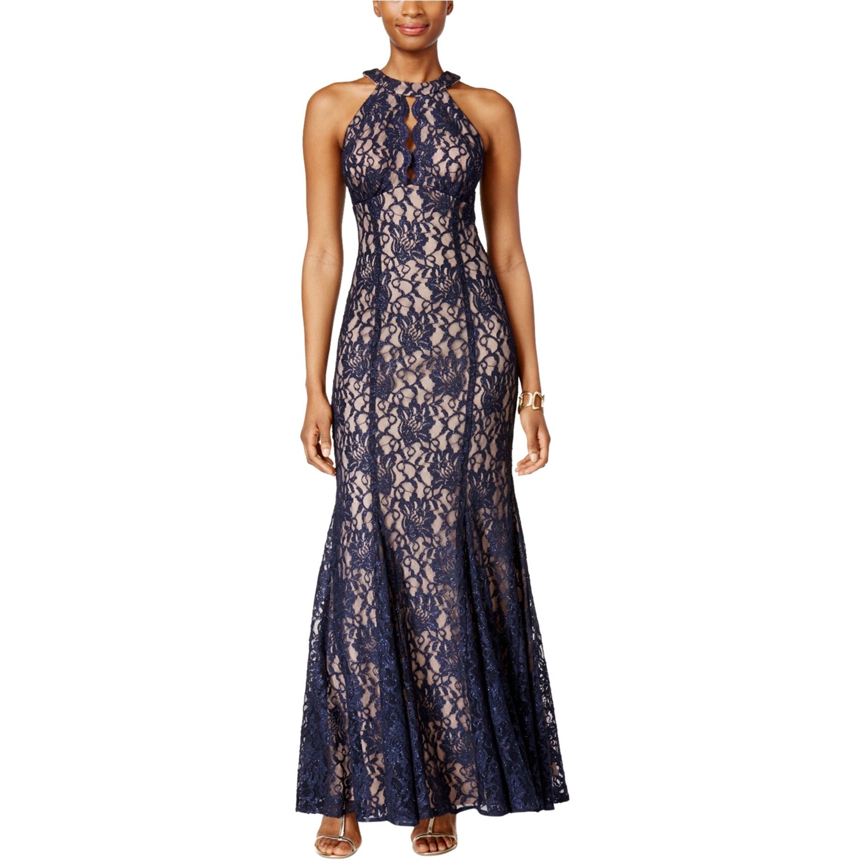 Nightway Womens Nightway Lace Keyhole Halter Gown Dress - Overstock -  41849536