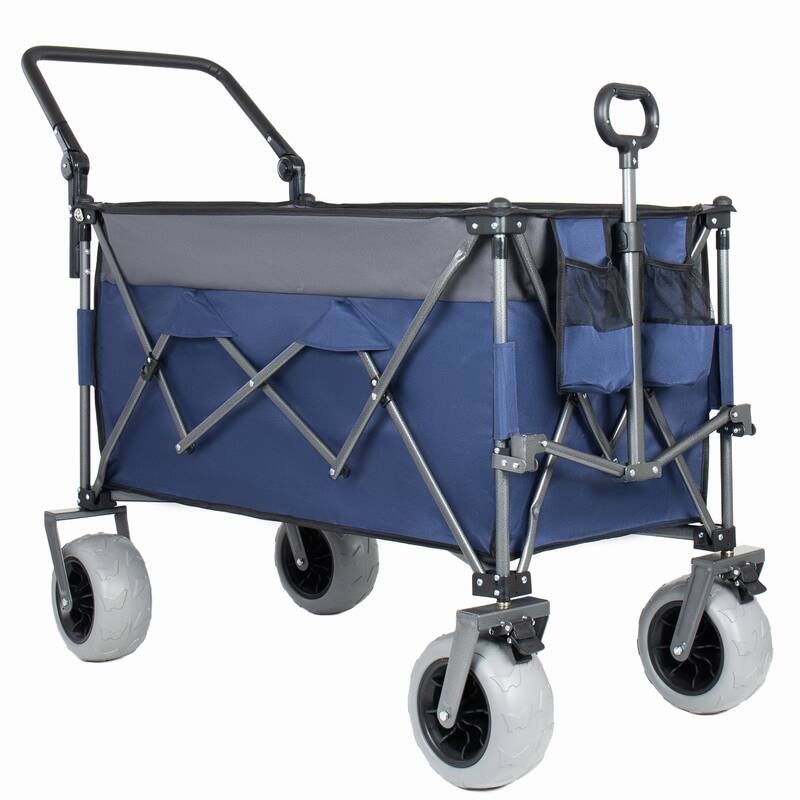 Multi-Functional Push-Pull Folding Wagon Cart with Rotating Handle & Canopy, 9"x4" Beach Tires, 300L Large Capacity