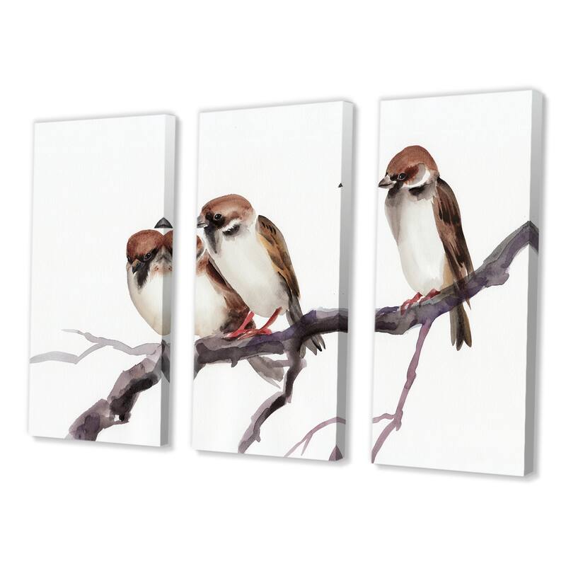 Designart "Three Sparrows On A Branch" Traditional Canvas Wall Art