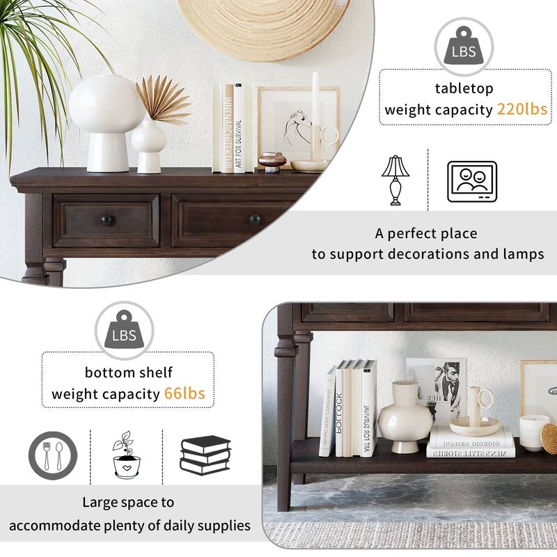 Solid Wood Living Room Console Table, Classic Retro Storage Entryway Sofa Table with 3 Top Drawers and Open Bottom Shelf