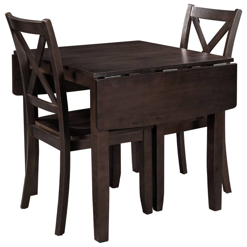 3-Piece Wood Drop Leaf Breakfast Nook Dining Table Set with Two X-back Chairs for Small Space Solutions