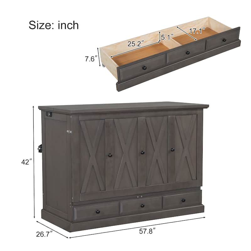 Farmhouse Murphy Bed Convertible Space-Saving Cube Chest Cabinet with Large Drawers and Charging Station, Foldable Platform Bed
