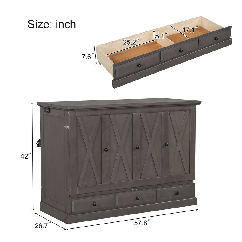 Solid Pine Murphy Bed Chest Cube Cabinet Bed with Charging Station and Large Storage Drawer for Home Office or Small Room