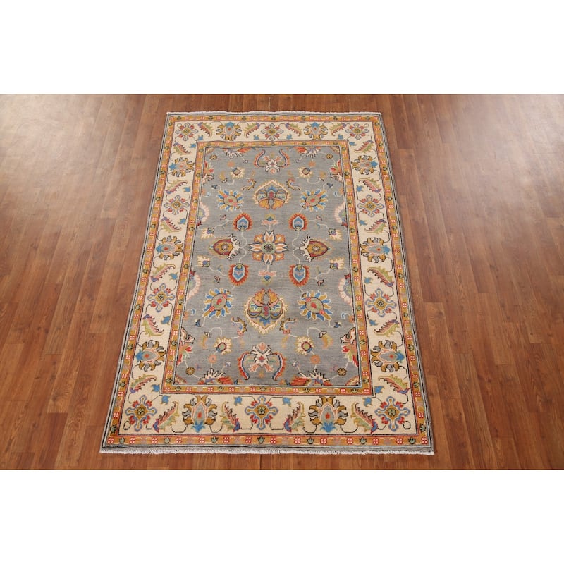 Gray Kazak Oriental Area Rug Hand-Knotted Wool Carpet - 4'1"x 6'4"