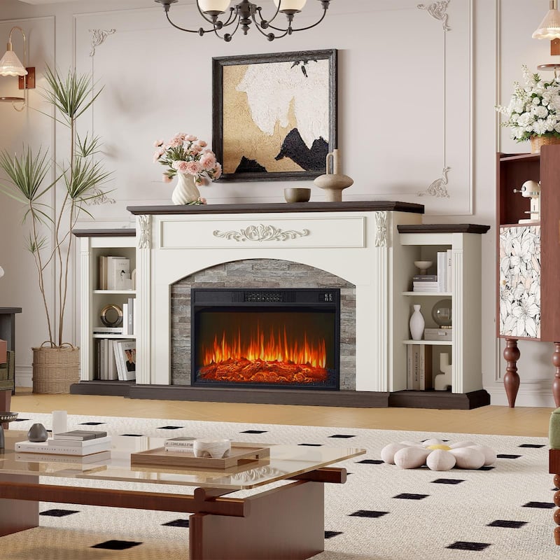 78 inch Electric Fireplace Mantel Fireplace TV Stand Entertainment Center with 30 inch Fireplace Insert Heater and Storage