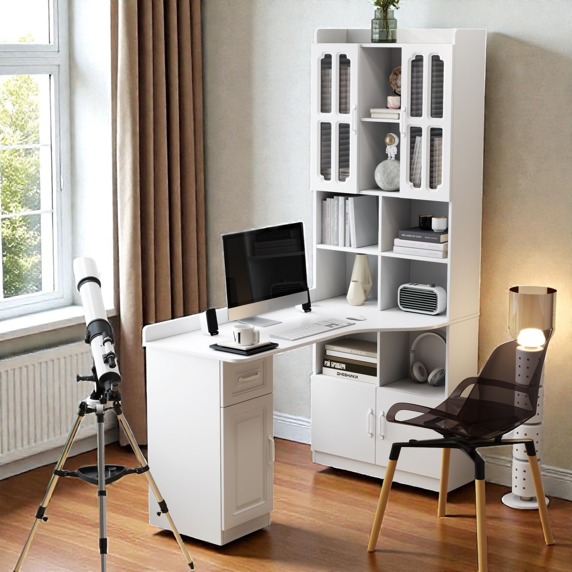 L Shaped Corner Computer Desk with Storage Cabinets, Drawer, Open Shelves and Hutch for Home Office or Study