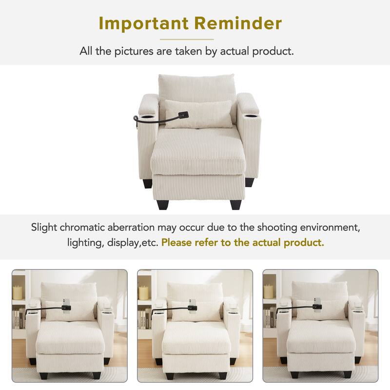 Anmytek 37.4" Convertible Chaise Lounge Sleeper Sofa Chair Corduroy with USB Ports Cup Holders Phone Holder Storage
