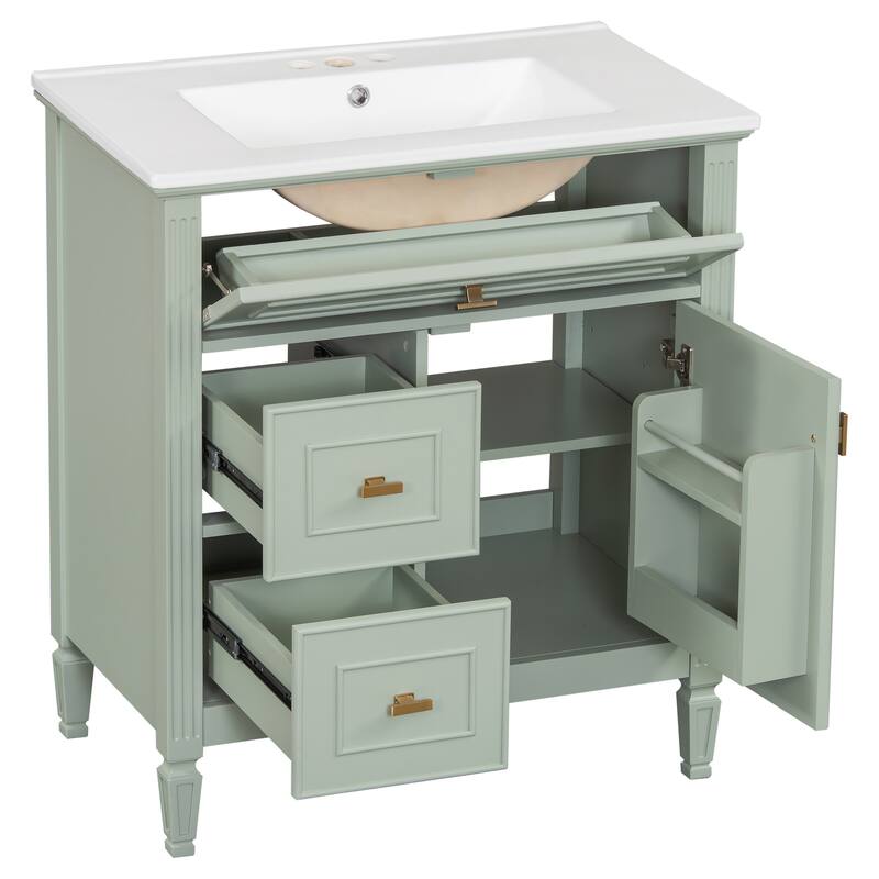 Roomfitters 30" Bathroom Vanity with Ceramic Sink, Solid Wood Frame with Flip Drawer, 2 Side Drawers & Adjustable Shelf