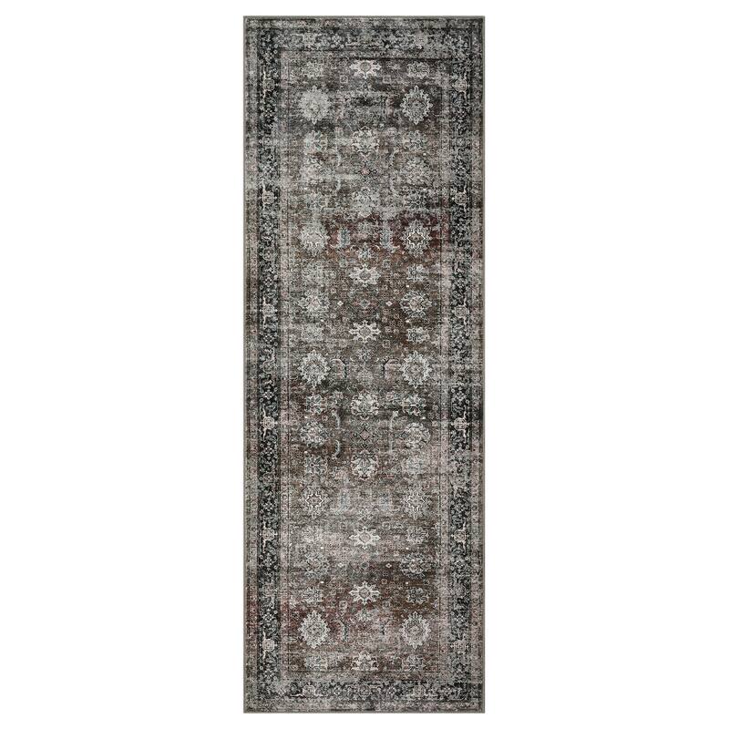 Area Rug Vintage Washable Floral Distressed Living Room Rugs, Soft Low Pile Non-Slip Rugs for Bedroom