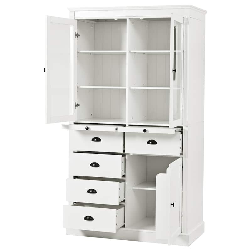 72''H Kitchen Pantry, Display Storage Cabinet with Glass Doors and Drawers, Serving Trays and Shelves - White