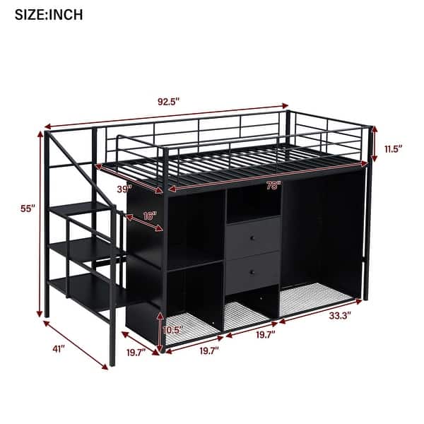 Black Metal Loft Bed with Drawers, Storage Staircase, and Wardrobe