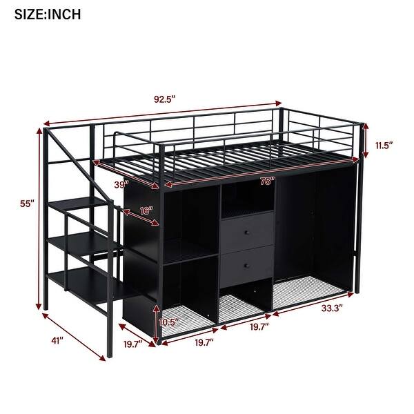 dimension image slide 0 of 2, Metal Loft Bed with Drawers, Storage Staircase, and Wardrobe