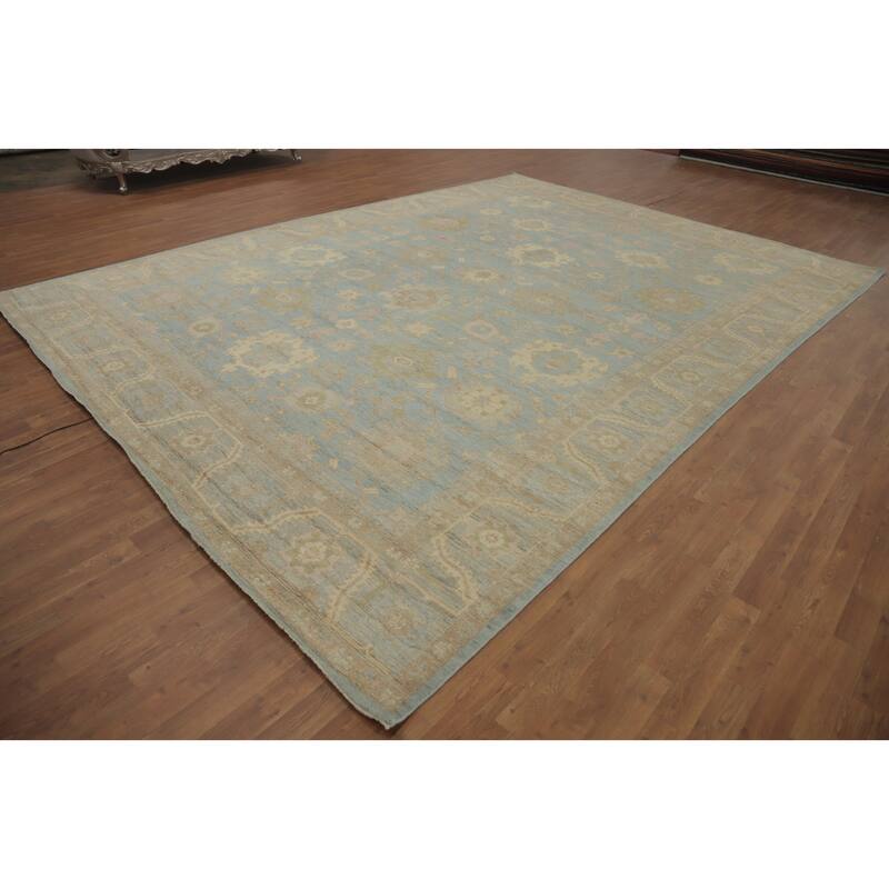 Floral Blue Oushak Vegetable Dye Large Rug, Floral Geometric Carpet - 13' 10'' X 10' 1''