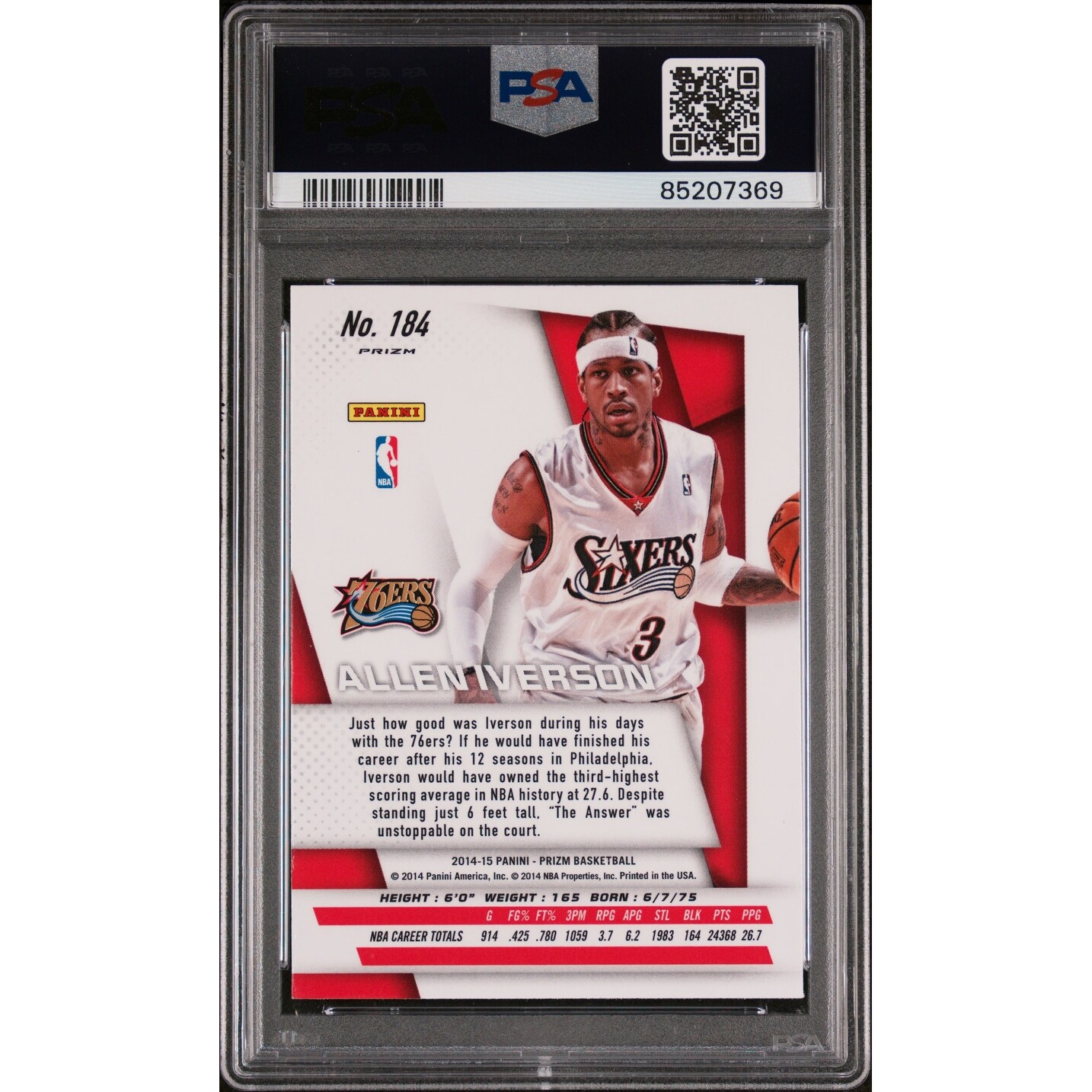 Allen Iverson 2014 Panini Silver Prizm Signed Card #184 Auto 