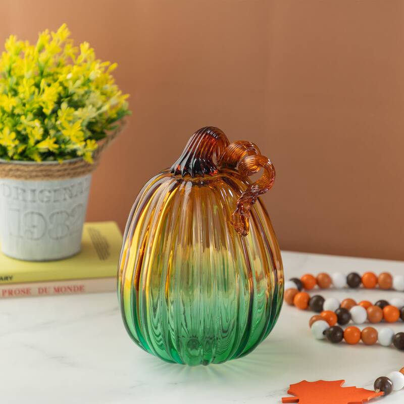 Glitzhome Fall Harvest Two-Tone Gradient Turquoise Glass Pumpkin