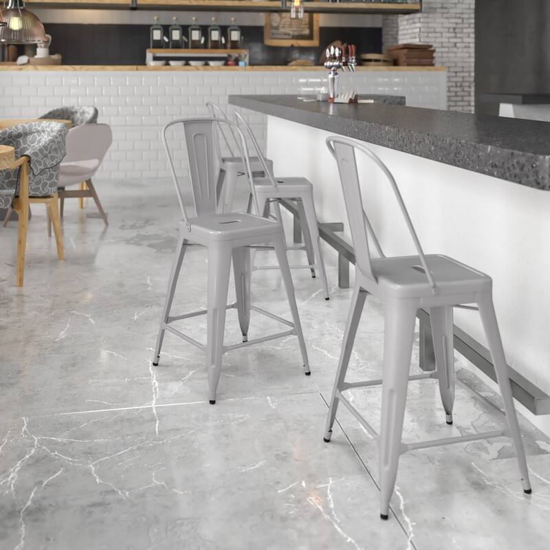 24'' High Metal Indoor-Outdoor Counter Height Stool with Back