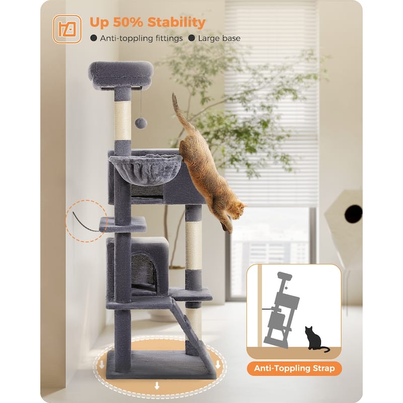 Cat Tree with Large Top Perch, Plush Hammock, 2 Condos, Dangling Pompom & Cat Scratching Posts