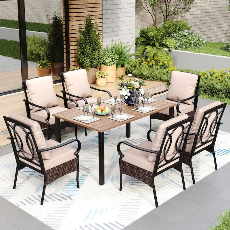 7 Pieces Patio Dining Set, 60 Inch Rectangular Metal Table and Rattan Dining Chairs - +Fixed Chairs