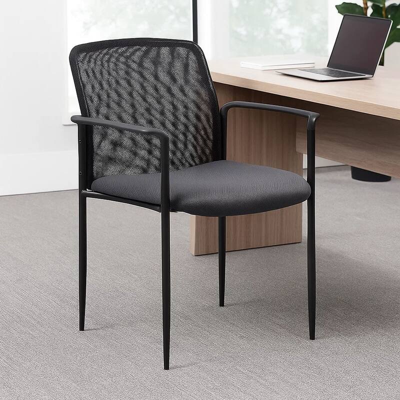 Vayu Stackable Guest Armchair, Gray Mesh, Steel Frame Fixed Arms