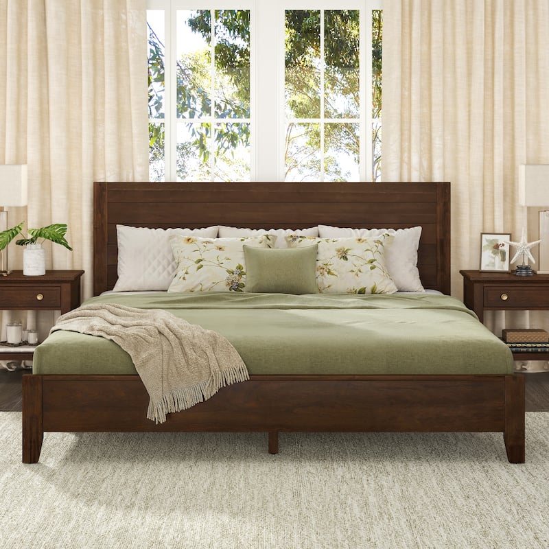 Modern Full/Queen/King Size Solid Wood Platform Bed with Headboard - Dark Walnut/King - King