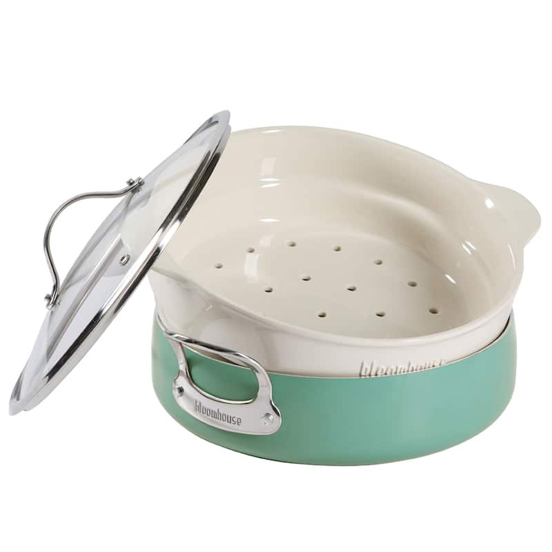 Bloomhouse 6-QT Aluminum Enamel Everyday Pan w/Non-Stick Non-Toxic Ceramic Interior and Ceramic Steamer Insert - Green